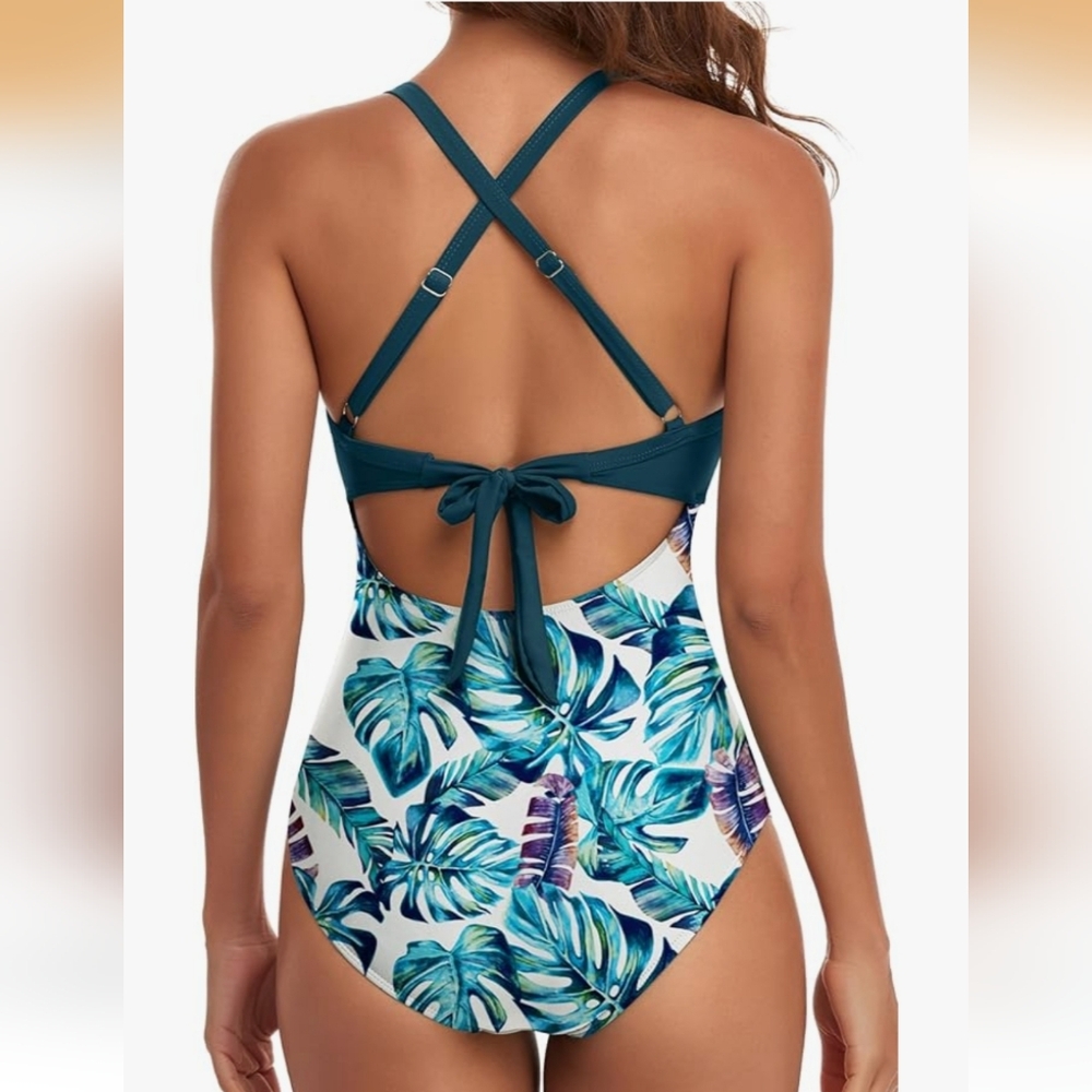 Eomenie Leaf Print Cutout One Piece Swimsuit Teal Large - Picture 2 of 9
